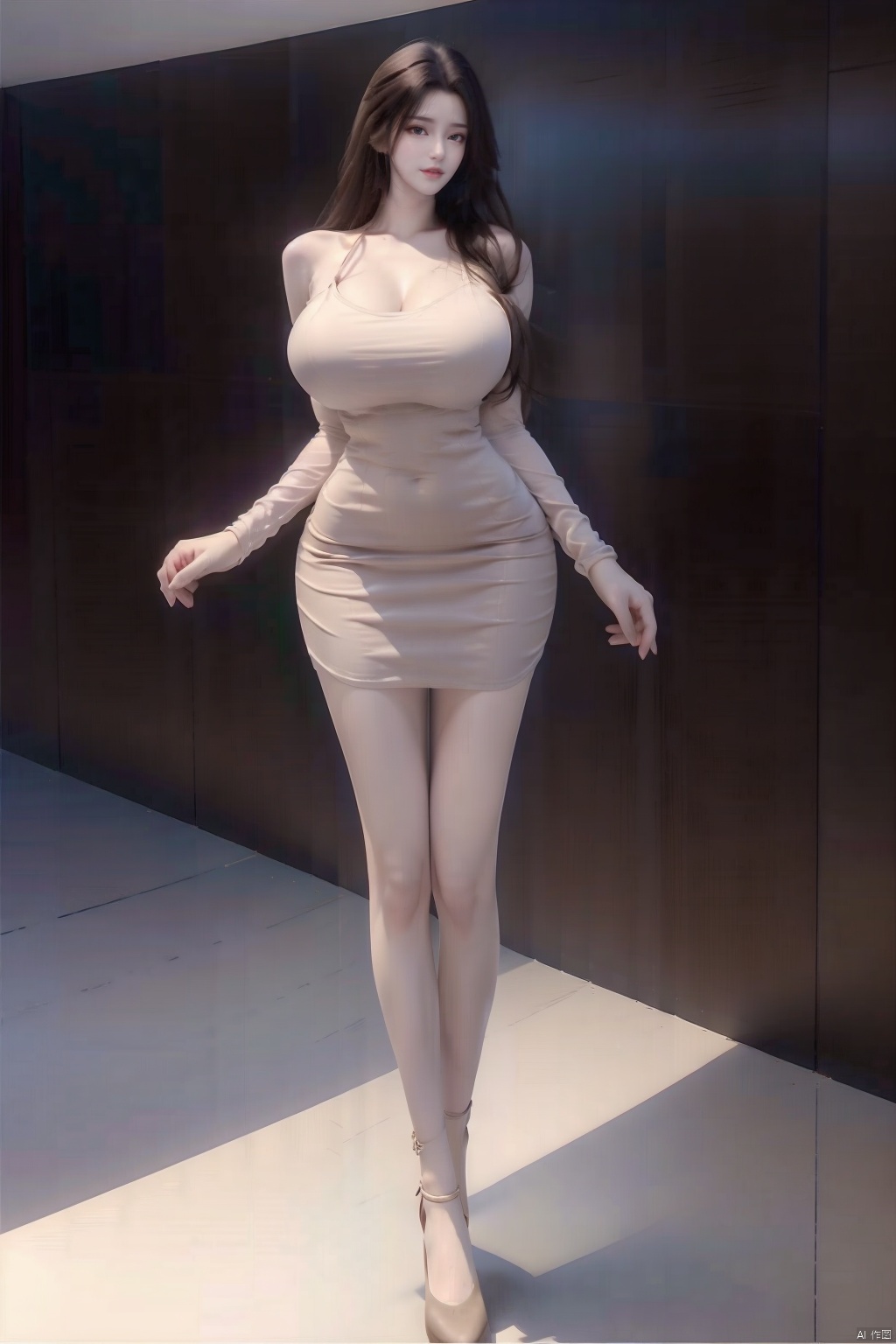 8k, [Masterpiece], standing, blurred background, black background, staring at the viewer, Simple background, Quality, Masterpiece, Ultra High resolution, Shadow, Full body Portrait, full body, Girl, HUBG Kafka, (purple hair), Kafka hairstyle, Hidden hand, (Big breast), dress, (brown dress :1.7), Heels, full body, Standing, Detailed eyes, black heels, masterpieces, long legs,ll-hd