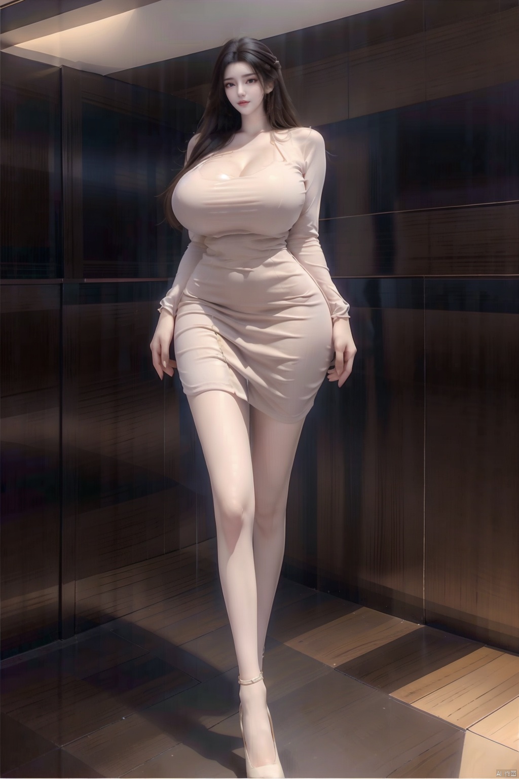 8k, [Masterpiece], standing, blurred background, black background, staring at the viewer, Simple background, Quality, Masterpiece, Ultra High resolution, Shadow, Full body Portrait, full body, Girl, HUBG Kafka, (purple hair), Kafka hairstyle, Hidden hand, (Big breast), dress, (brown dress :1.5), Heels, full body, Standing, Detailed eyes, black heels, masterpieces, long legs,ll-hd