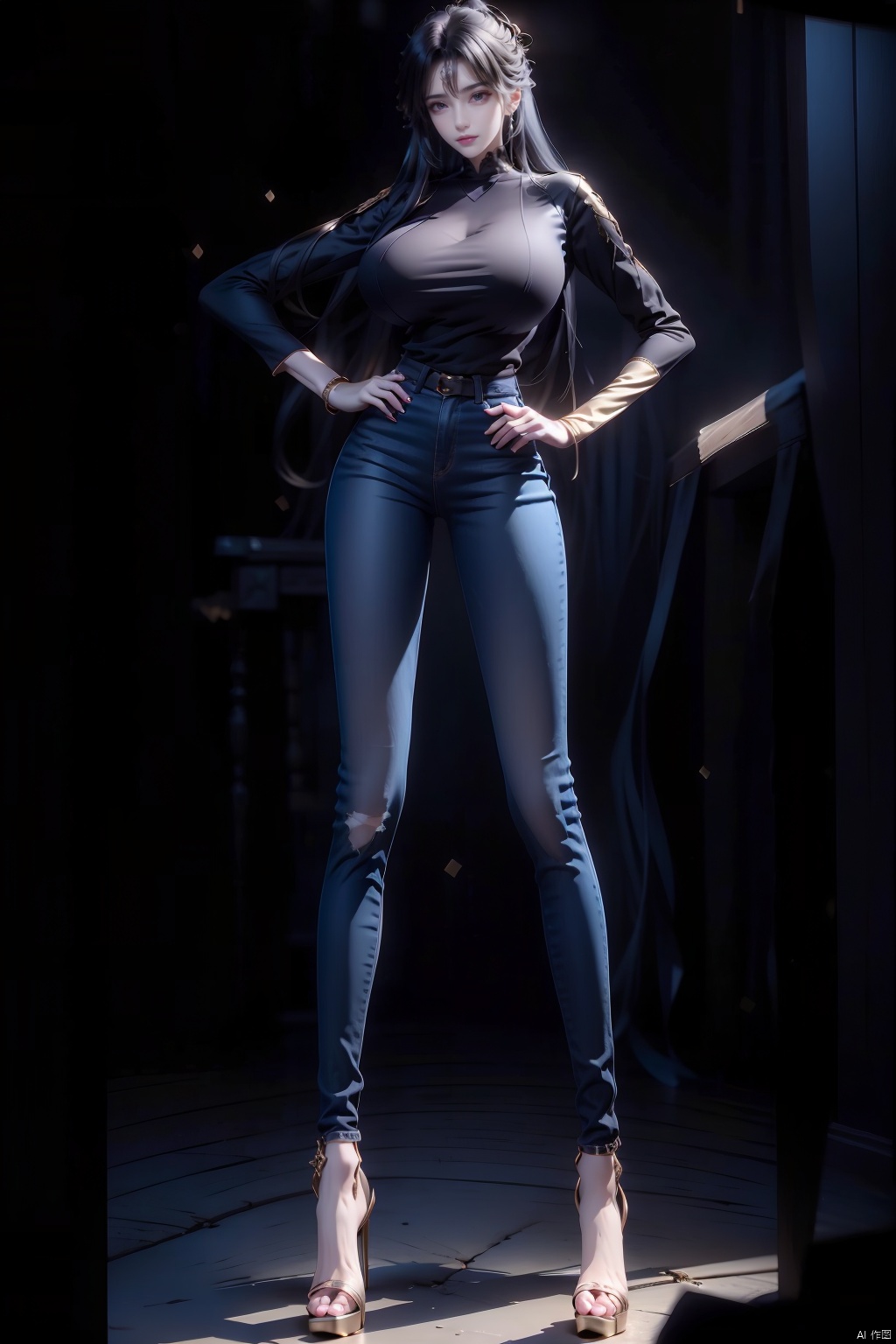  8k, [Masterpiece], standing, background blur, black background, staring at the viewer, simple background, Quality, Masterpiece, Ultra High resolution, Shadow, Full Body Portrait, full body, Girl, long black hair, Hidden hands, Large breasts, black turtleneck, dark blue skinny jeans, Heels, full body, Standing, black background, detailed eyes, Masterpiece, long legs