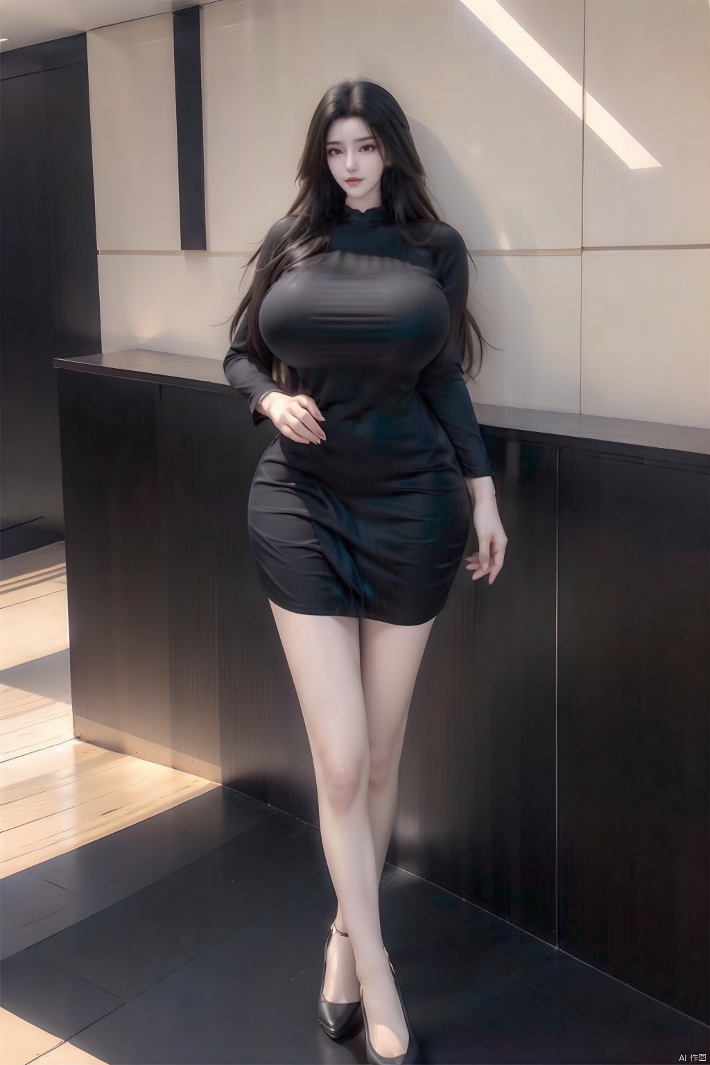 8k, [Masterpiece], standing, blurred background, black background, staring at the viewer, Simple background, Quality, Masterpiece, Ultra High resolution, Shadow, Full body Portrait, full body, Girl, HUBG Kafka, (purple hair), Kafka hairstyle, Hidden hand, (Big breast), dress, (Black short dress :1.5), Heels, full body, Standing, Detailed eyes, black heels, masterpieces, long legs,ll-hd