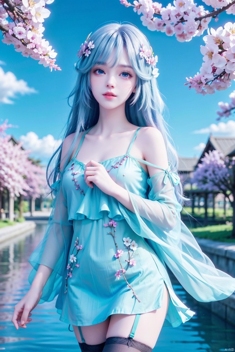  1girl, architecture, artist_name, bangs, bare_shoulders, black_legwear, blue_eyes, blue_sky, branch, breasts, cherry_blossoms, cowboy_shot, day, detached_sleeves, dress, eyebrows_visible_through_hair, falling_petals, flower, hanami, holding, long_hair, long_sleeves, looking_at_viewer, outdoors, parted_lips, petals, petals_on_liquid, pink_flower, plum_blossoms, silver_hair, sky, solo, spring_\(season\), standing, thighhighs, tree, very_long_hair, white_flower, wisteria