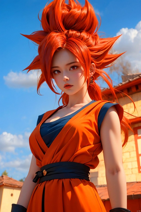  (best quality, masterpiece),solo, 1girl, red eyes, super saiyan, red hair, son goku, aura,Breast groove, clenched hands, Half body,