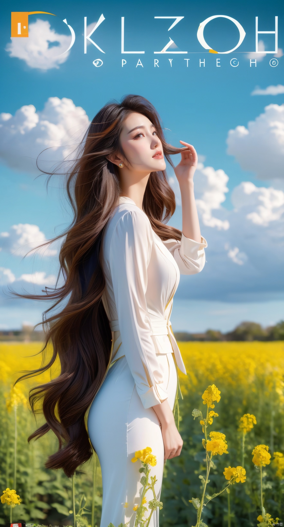  An elegant woman, dressed in an orange suit with wavy hair, stood in a field of flowering rape flowers against a background of blue sky and white clouds. The Breeze made the corners of her clothes and hair flutter slightly, famous artist, Master of light art painting, high definition photography, cover design