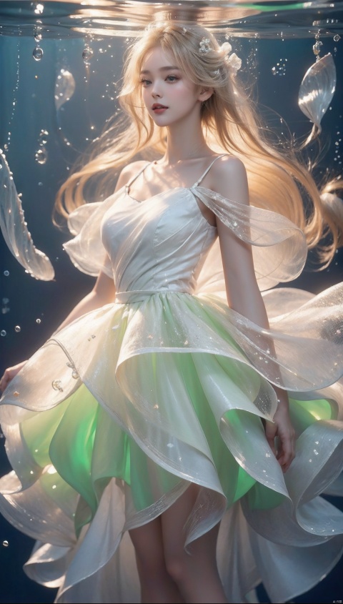  (1girl:1.2),stars in the eyes,(pure girl:1.1),(white dress:1.1),(full body:0.6),There are many scattered luminous petals,bubble,contour deepening,(white_background:1.1),cinematic angle,,underwater,adhesion,green long upper shan,