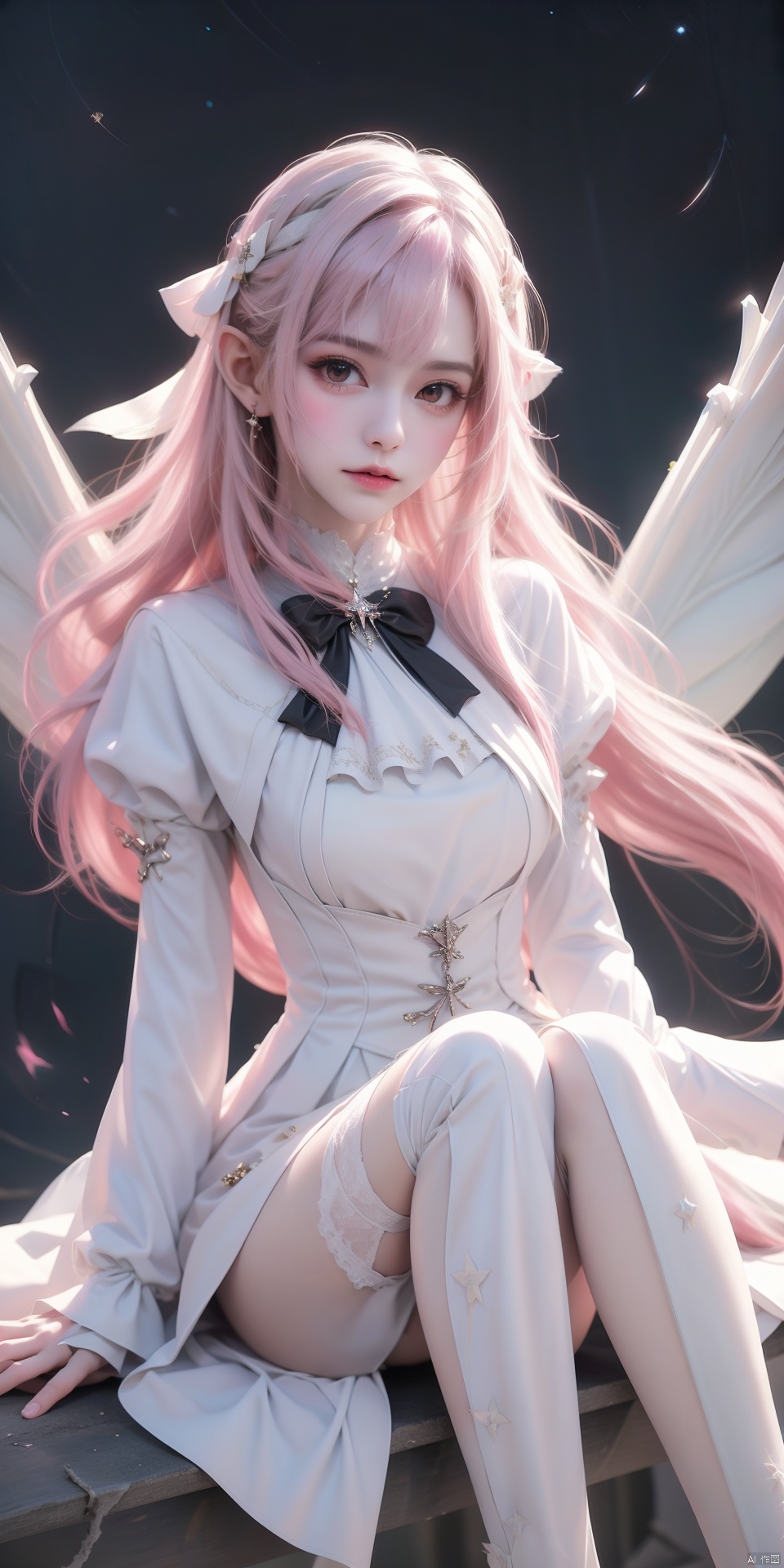  ailin,1girl,pink hair,thighhighs,long hair,wings,brown eyes,pointy ears,solo,long sleeves,night,see-through,white thighhighs,skirt,fairy wings,bow,looking at viewer,bangs,dress,star \(sky\),night sky,black footwear,puffy sleeves,fairy,pink bow,bowtie,jewelry,musical note,(sitting:1.3),, (raw photo:1.2),((photorealistic:1.4))best quality,masterpiece,illustration,an extremely delicate and beautiful,extremely detailed,CG,unity,8k wallpaper,Amazing,finely detail,masterpiece,best quality,official art,extremely detailed CG unity 8k wallpaper,absurdres,incredibly absurdres,huge filesize,ultra-detailed,highres,extremely detailed,beautiful detailed girl,cinematic lighting,1girl,pale skin,tall female,(perfect body shape),skinny body,Slender legs,