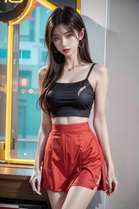  1girl, high-waist skirt,neon lights,Punk,camisole, wangyushan