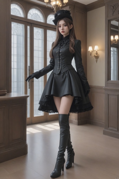  Ultra-realistic, 8k CG, masterpiece, HDR, absurdres, Professional, RAW photo, highres, (full body:1.4), 1girl, miss_fox, sfw, mature curvy gothic woman, narrow waist, round hips, looking at viewer, standing, dynamic pose, suggestive pose, long hair, high ponytail, slick shiny nature pale skin, subsurface scattering, mysterious and enchanting, hyper maximalist, rich, extravagant, luxury, prestige, exquisite, intricate details, intricate patterns, detailed skin texture, detailed clothes, detailed clothes texture, luxurious medieval palace interior, and chandeliers, antique furniture, stained glass windows, gothic wallpaper, victorian wall lamps, dark fairytale fantasy, solemn antique bronze color theme, decoration, ( mixed Victorian and Gothic Lolita style clothing, black lace gloves, aristocratic hat, leather knee boots, ruffled aristocratic blouse, layered Gothic skirt:1.3), (leather coat with buckles:1.6), lace choker necklace, gothicpunkai, (photorealistic:1.4), Bokeh, Cinematic, best quality