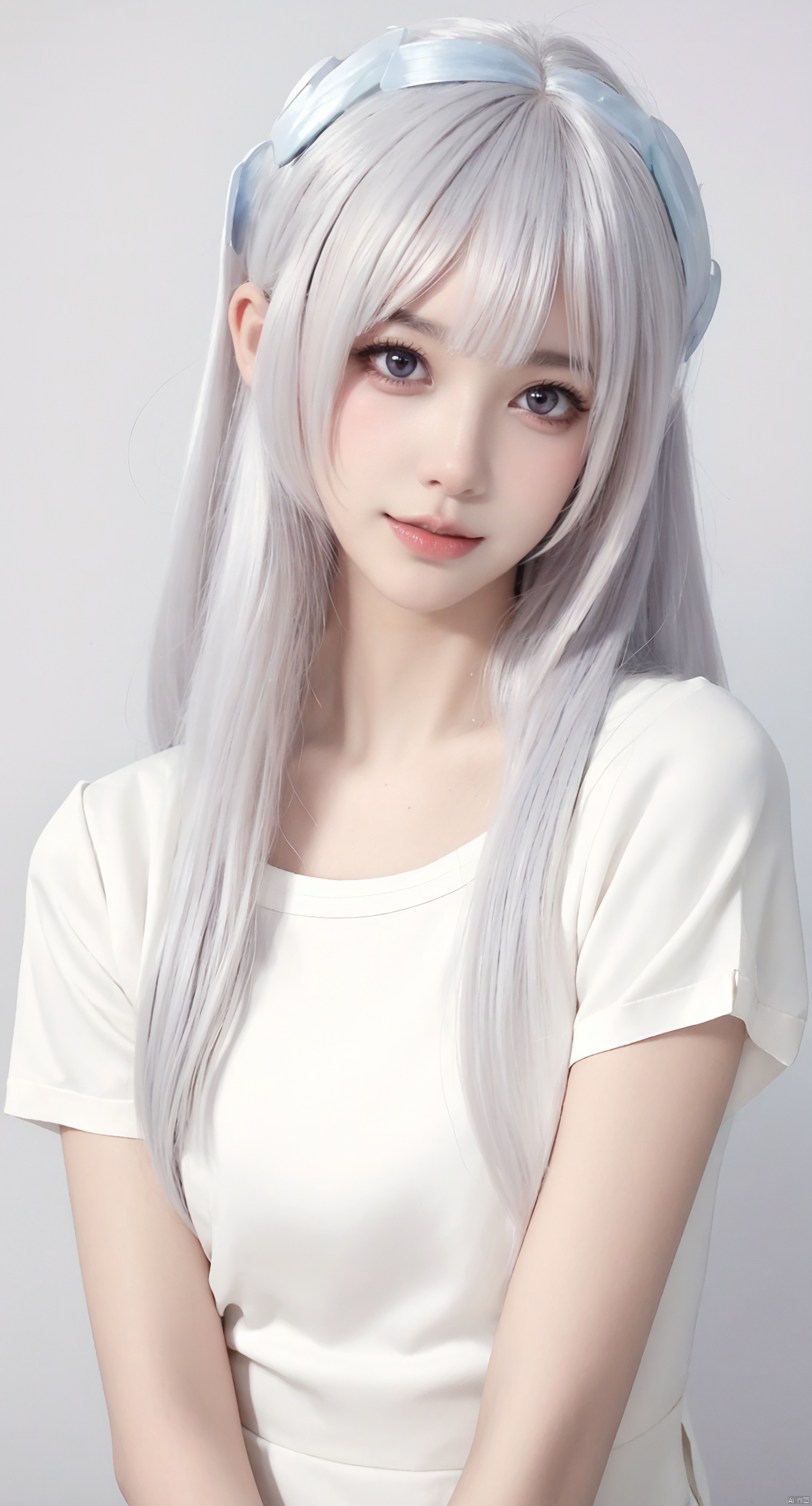  blunt bangs, masterpiece, best quality, best illustration, ultra-detailed, upper body, solo, 1 girl, looking at viewer, upright, arms at sides, beautiful detailed eyes, concept art, white background, simple background, white gradient hair, short sleeves, watercolor pencil, expressionless, blush, virtual youtuber, long hair