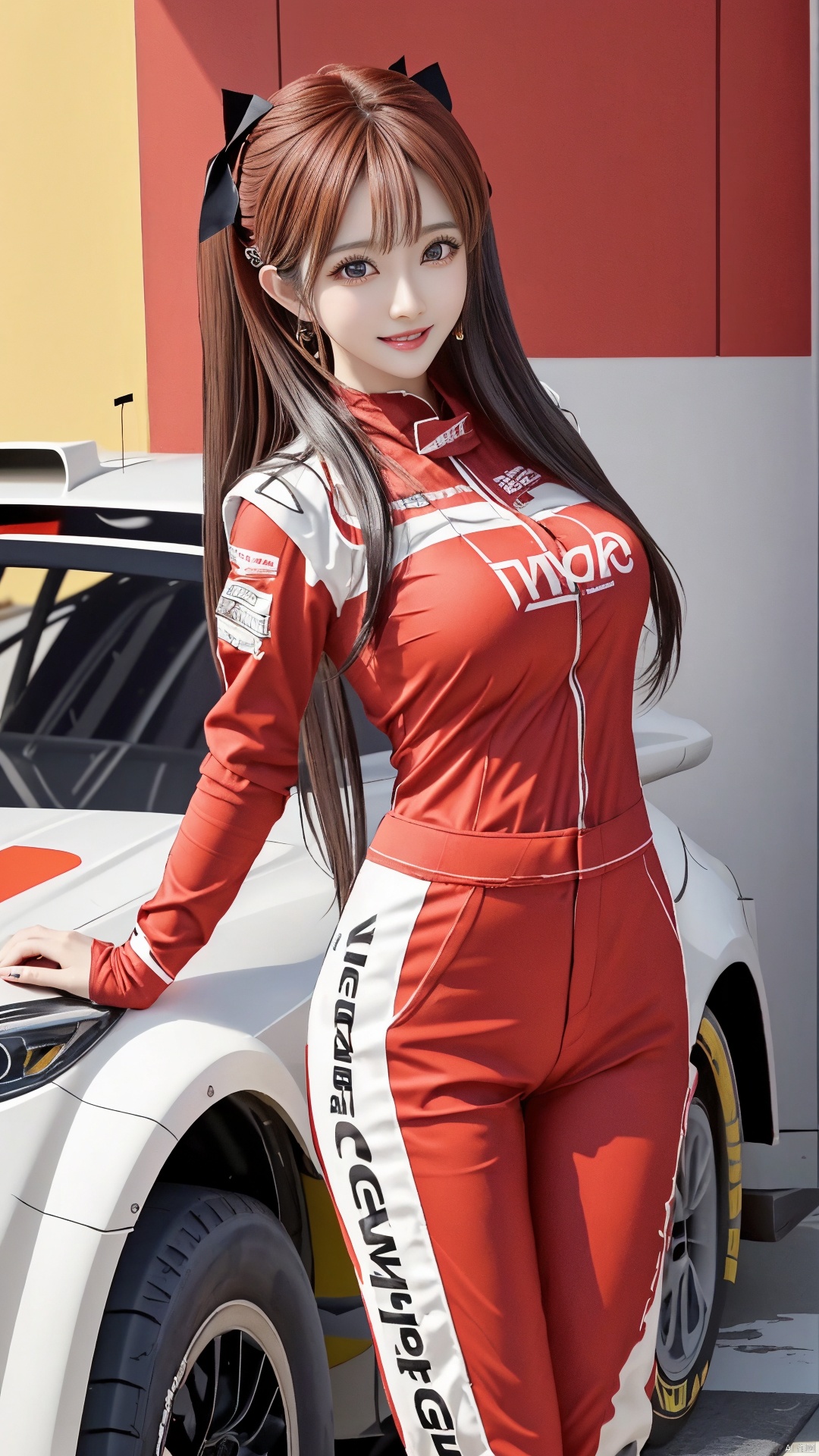  1girl,twins,kind smile,(close-up),smile,the whole body,standing,red eye,beautiful detailed eyes,orange hair,looking at viewer,(WRC Rally Racing),The race track,race car driver,racesuit,racingmiku,racequeen,moyou, wangyushan,(sexy)