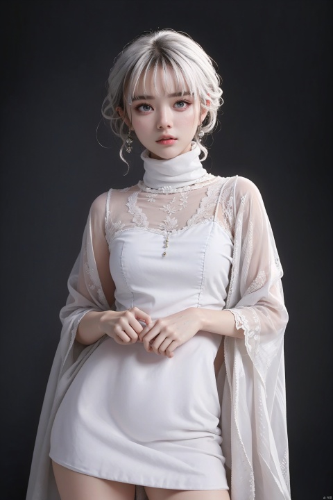  masterpiece, best quality, 32k uhd, hdr, dtm, 16K, cinematic lighting effects, super wide angle, (best fingers:1.2),
1girl, standing, simple background, simple clothes, white dress, white hair,