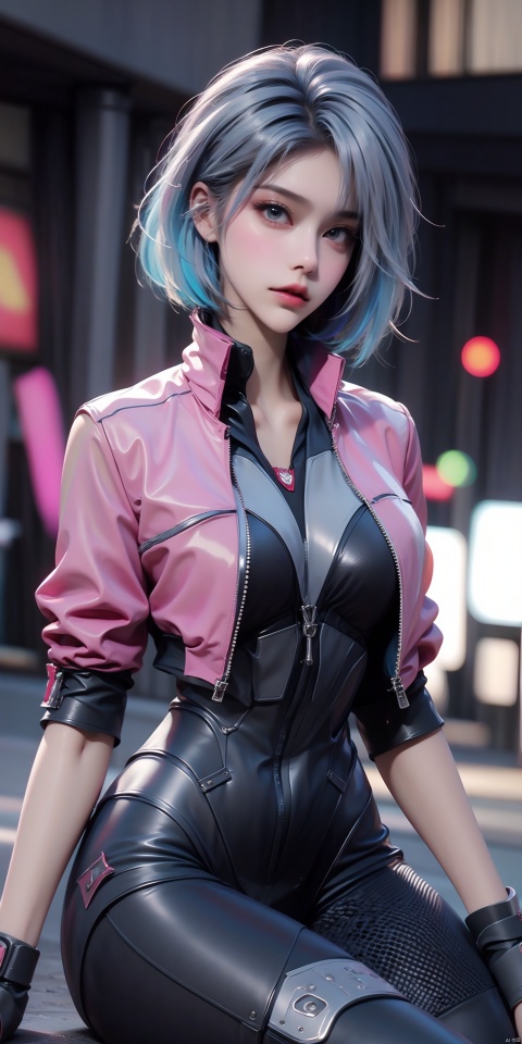  Jing,1girl,solo,blue hair,multicolored hair,gloves,looking at viewer,jacket,bodysuit,short hair,cropped jacket,science fiction,bodysuit,thigh strap,d.va \(overwatch\),boots,thigh strap,city,scenery,sky,science fiction,building,cloudy sky,night,cityscape,outdoors,(blur background:1.3),(sitting:1.3),, (raw photo:1.2),((photorealistic:1.4))best quality,masterpiece,illustration,an extremely delicate and beautiful,extremely detailed,CG,unity,8k wallpaper,Amazing,finely detail,masterpiece,best quality,official art,extremely detailed CG unity 8k wallpaper,absurdres,incredibly absurdres,huge filesize,ultra-detailed,highres,extremely detailed,beautiful detailed girl,cinematic lighting,1girl,pale skin,tall female,(perfect body shape),skinny body,Slender legs,