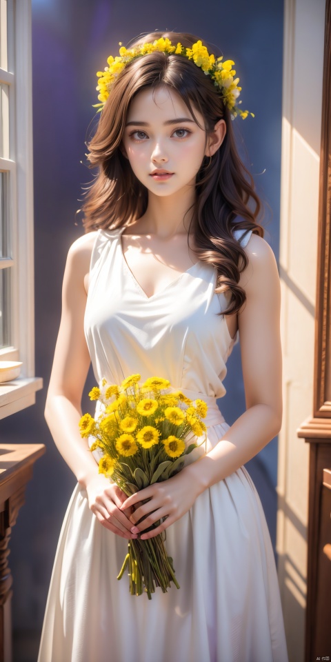  A beautiful young woman taking indoor photoshoot, wearing a flower crown made of various fresh flowers, holding a bouquet of bright rapeseed flowers. Standing in front of a pure purple-blue background, illuminated by soft and professional movie-level lighting that enhances her charm and the beauty of the flower crown. High-definition photo of the most beautiful artwork in the world featuring a girl with a flower crown and rapeseed flowers, indoor, soft light, trending on Unsplash, Purple Blue background, cinematic lighting, intricate, high detail, sharp focus, dramatic, photorealistic painting art by midjourney and greg rutkowski.