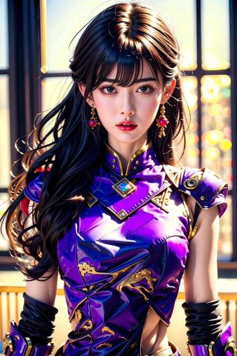  4k, office art, 1girl with purple armor, decorated with complex patterns and exquisite lines, k-pop, purple eyes, dark red lips,Half-body