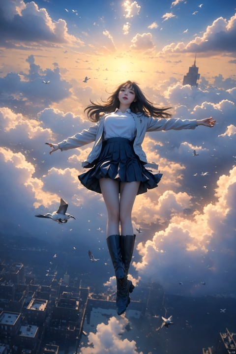  1girl, solo, Long hair, floating hair, looking at viewer, bangs, boots, pleated skirt, white shirt, jacket, long sleeves, shirt, open clothes, full body, Lie on your back, outstretched arms, Floating in the air, cloud, Falling position, Bird's-eye view, city, ray tracing, motion blur, Depth of field, sparkle, Surrealism, Conceptual art, reflection light, super detail, high details, ccurate, 1080P, HD, UHD, anatomically correct, 8k, JK