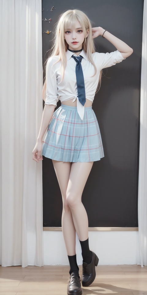  XDCHM,1girl,blonde hair,kitagawa marin,cosplay,solo,skirt,jewelry,necktie,long hair,bracelet,school uniform,tied shirt,choker,blue necktie,plaid,white shirt,plaid skirt,bangs,looking at viewer,blue skirt,brown eyes,indoors,pleated skirt,blurry background,collared shirt,
shoes,black socks,legs,wooden floor,black footwear,depth of field,
realistic,
chalkboard,
multicolored hair,, (raw photo:1.2),((photorealistic:1.4))best quality,masterpiece,illustration,an extremely delicate and beautiful,extremely detailed,CG,unity,8k wallpaper,Amazing,finely detail,masterpiece,best quality,official art,extremely detailed CG unity 8k wallpaper,absurdres,incredibly absurdres,huge filesize,ultra-detailed,highres,extremely detailed,beautiful detailed girl,cinematic lighting,1girl,pale skin,tall female,(perfect body shape),skinny body,Slender legs,, pale skin,tall man,long legs,thin leg,
