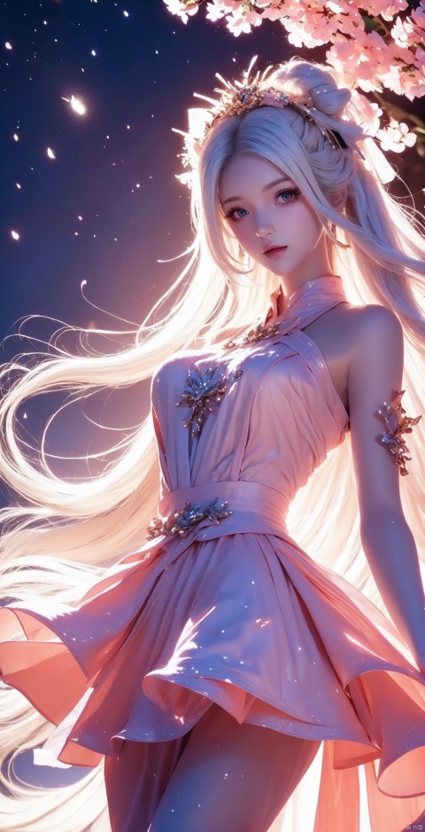  (three quarters body shot:1.4),(masterpiece),(top quality, best quality, official art, beauty and aesthetics:1.2),cg photos,white hair,(solo:1.2),mature_female,Peach blossoms, pink clothes, short skirts, white stockings,closed_mouth,bare_shoulders,(tight:1.2),bare_shoulder,Short neck,Bright tones,sexy girl,bright,light,Royal Sister,night,,RoyalSister face,,round face,baby face,print,looking_at_viewer,Peach blossoms,pink flower,pink petal,starry,star_(sky)