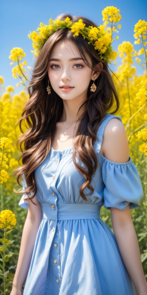  A beautiful young girl taking photos, wearing a delicate flower wreath, surrounded by blooming canola flowers. The background is a simple blend of pure purple and blue, with cinematic lighting that makes the whole scene more vivid and textured. Ultra HD photo of a girl in a flower wreath surrounded by canola flowers, pure purple and blue background, film-level lighting, trending on Unsplash, high quality, sharp focus, vibrant colors, artistic, natural beauty, serene atmosphere, photorealistic image by top photographers, inspired by Pinterest and Instagram.
