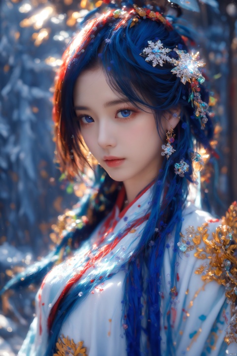  ((best quality)), ((masterpiece)), ((ultra-detailed)), extremely detailed CG, (illustration), ((detailed light)), (an extremely delicate and beautiful), a girl, solo, ((upper body,)), ((cute face)), expressionless, (beautiful detailed eyes), full breasts, (medium breasts:1.2), blue dragon eyes, (Vertical pupil:1.2), white hair, shiny hair, colored inner hair, [Armor_dress], blue_hair ornament, ice adorns hair,depth of field, [ice crystal], (snowflake), yue , hair ornament , hanfu, dofas, chijian