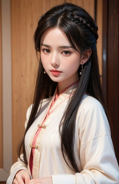  (DSLR quality: 1.1),
liruotong, 1girl, solo, black hair, earrings, jewelry, realistic, long hair, looking at viewer, upper body, brown eyes, liruotong