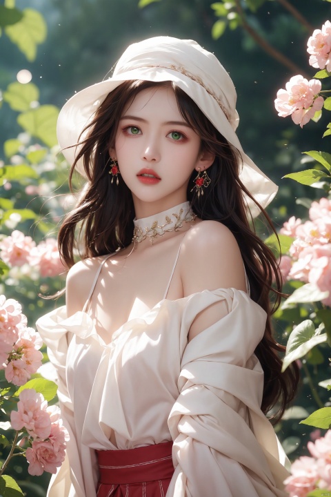  A girl,silk,cocoon,spider web,Solo,Complex Details,Color Differences,Realistic,(Moderate Breath),Off Shoulder,Eightfold Goddess,Pink Long Hair,White Headwear,Hair Above One Eye,Green Eyes,Earrings,Sharp Eyes,Perfect Fit,Choker,Dim Lights,cocoon,transparent,jiBeauty,1girl,flowers,mtianmei,Look at the camera.,flowing skirts,Giant flowers,,