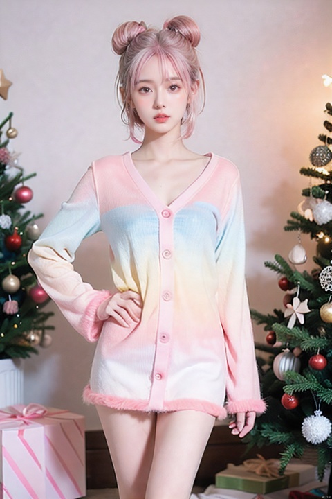  (Masterpiece, best picture quality,hd,8k,hd movie picture), girls,(Pink and white | gradient hair, gradient :1.2),fringe hair,buns,(cute and sexy | patch strips, advanced sense), graphic design, fashion, Standing in the Christmas tree and Christmas presents,sunyunzhu, Nebula
