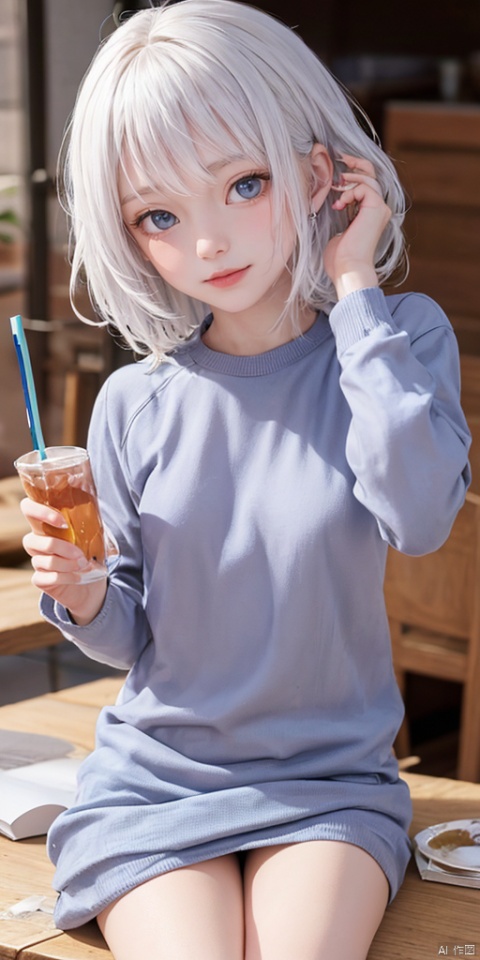  1girl, ahoge, blue_eyes, blurry, blurry_background, blurry_foreground, blush, chair, cup, depth_of_field, drinking_straw, flower, hair_between_eyes, holding, long_sleeves, looking_at_viewer, motion_blur, purple_flower, sitting, solo, table, white_flower, white_hair, jewels, Dance,movements