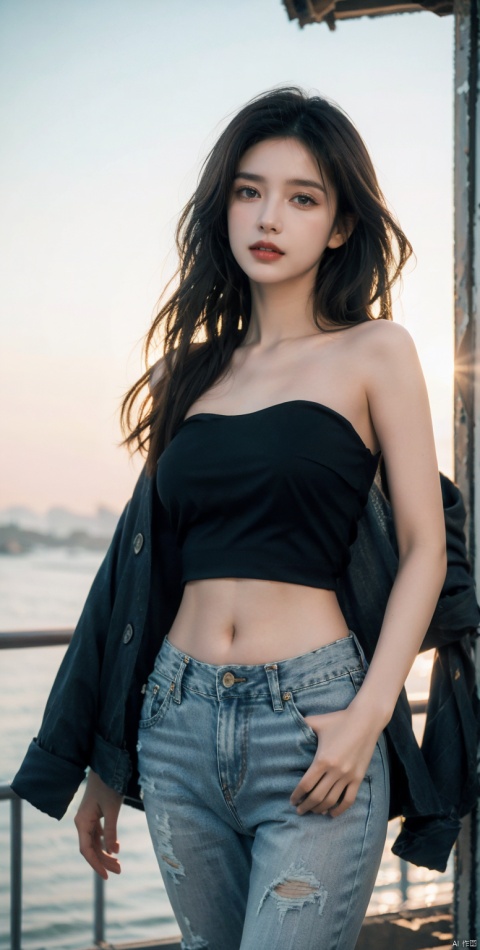  masterpiece,8K,best quality,1girl,smile,navel,long hair,breasts,solo,denim,looking at viewer,midriff,realistic,blurry background,blurry,medium breasts,tank top,pants,black red hair,jeans,brown hair,teeth,crop top,brown eyes,red lips,hands in pockets,long hair,massive hair,light behind hair,hair in front,her hair rested on her shoulders,sun behind,(from below:0.3),slim hip,float hair,floating hair,flying hair,hair blown by the wind,white clouds behind,the broken hair in the front,messy shaggy hair,dust blown by the wind,mist in front,,best quality,ultra high res,ice magic,light particles,sparkle,backlighting,loli,little girl,(child:0.5),13yo,rubber mesh clothes,(black and vibrant ruby red color),art by agnes cecile and agostino arrivabene and alberto dros,drawing,freeform,swirling patterns,doodle art style,littlegirl,child,Strapless,Dark jeans, close-fitting jeans,