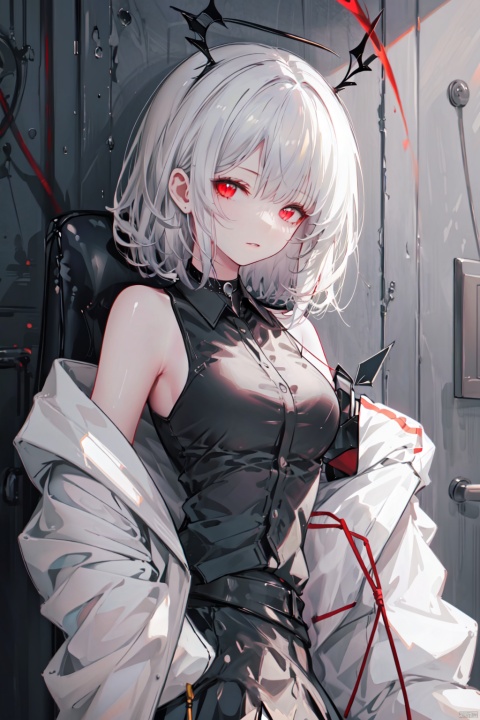  1girl, head_wings, solo, skirt, tail, shirt, red_eyes, wings, jacket, black_skirt, white_shirt, demon_tail, sleeveless, off_shoulder, sleeveless_shirt, short_hair, pleated_skirt, looking_at_viewer, bare_shoulders, breasts, red_hair, open_jacket, collared_shirt, long_sleeves, bangs, open_clothes, choker, black_jacket, parted_lips