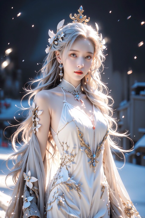  (Best Quality), (Masterpiece), a very exquisite and beautiful girl, very detailed, amazing, with exquisite details, official art, super detailed, high-level, beautiful details girl, with a radiant face, without humans,flower in background,winter,snow,mechanical,MIX4,snow,behisheroine,baihuaniang,moon light,night,Mecha, Light white hair,phoenix in the sky,chinese clothes+leotard,flower,snowing day,fighting_stance,choker,chinese style architecture,