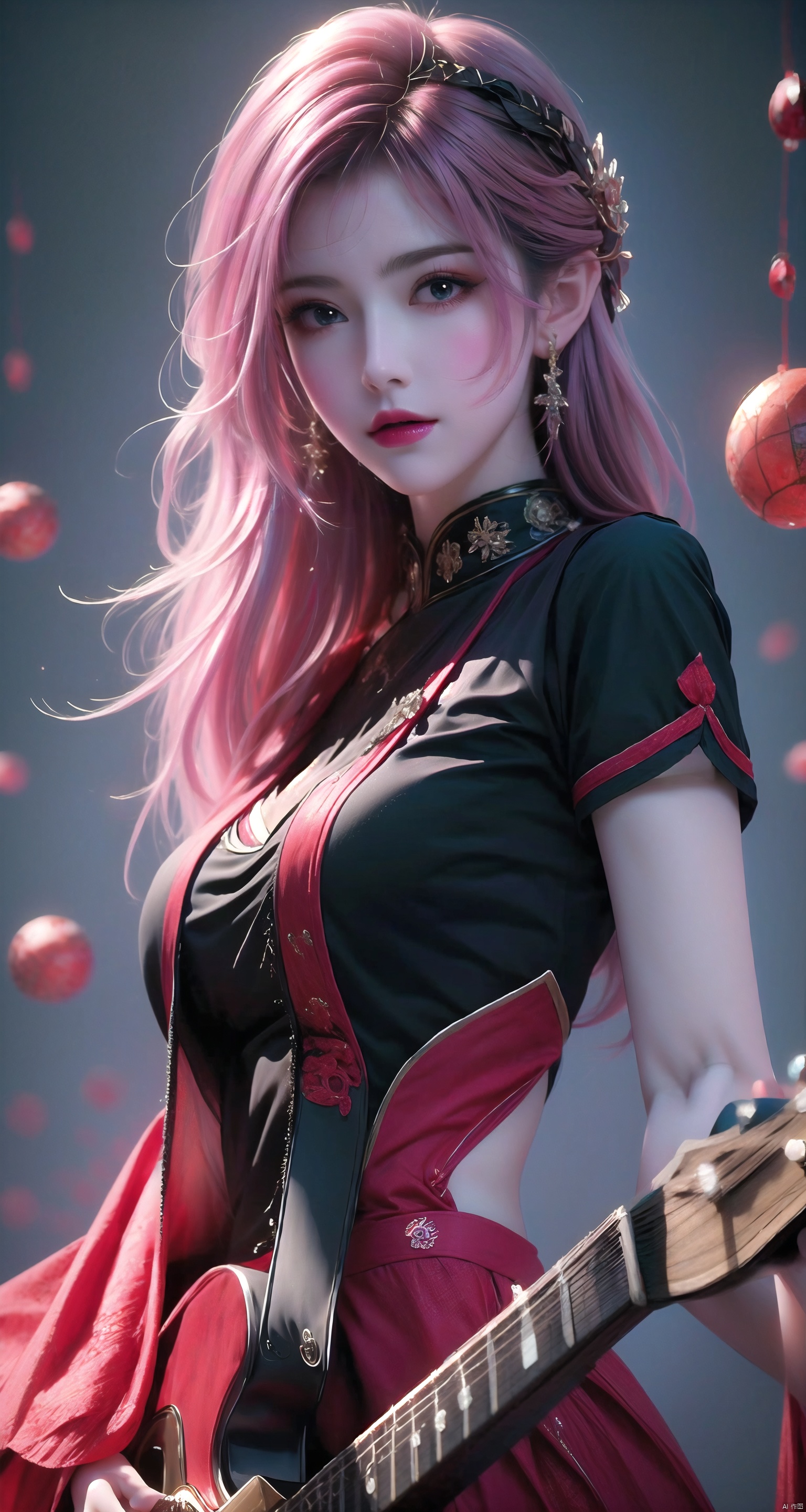 Masterpiece, best quality, 8K, HDR, executive, 1 girl, solo, multi colored hair, pink hair, wearing Memphis style clothing, holding a guitar, standing in front of a brightly colored geometric background. A relaxed and cheerful face, surrounded by colorful balls. High resolution images, popular on ArtStation and CGSociety, are complex, highly detailed, and with clear focus, creating dramatic and realistic painting art by Midtravel and Greg Rutkowski, (big breasta:1.39),


