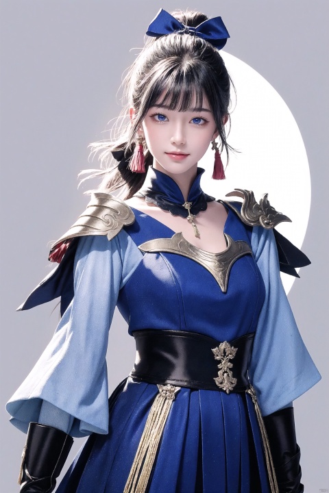  masterpiece, best quality, ,kamisato ayaka,1girl,long hair,blue hair,ponytail,hair ribbon, hair ornament,mole under eye, blue eyes,breastplate,armor, short sleeves,japanese clothes,blue skirt, tassel,gloves, arm guards, grey background, upper body, smile,closed mouth,