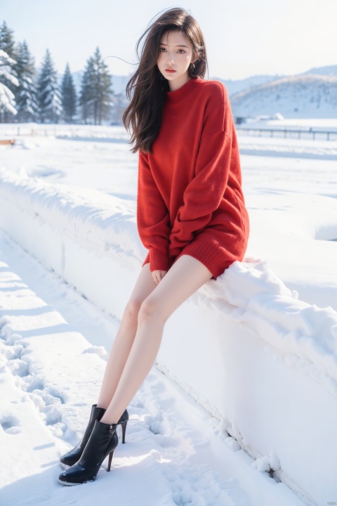  Full-body photos of a girl, red sweater, bare long legs, high heels, winter, realism, HD 16K, snow, winter