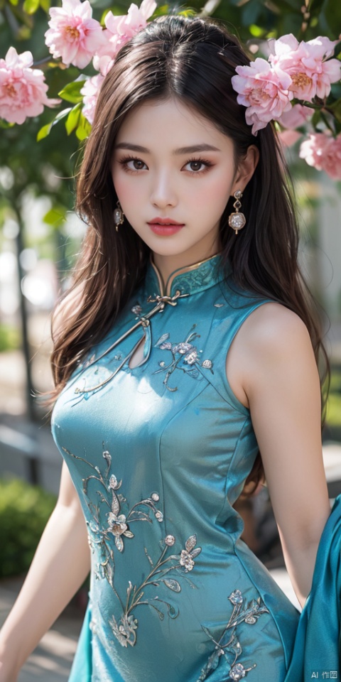  1girl,Mosaic dress,dance, Fairy, crystal, jewels,black, Crystal clear,solo, long hair, looking at viewer,black hair,jewelry, earrings,lips, makeup, portrait, eyeshadow, realistic, nose, A sea of flowers, cheongsam,