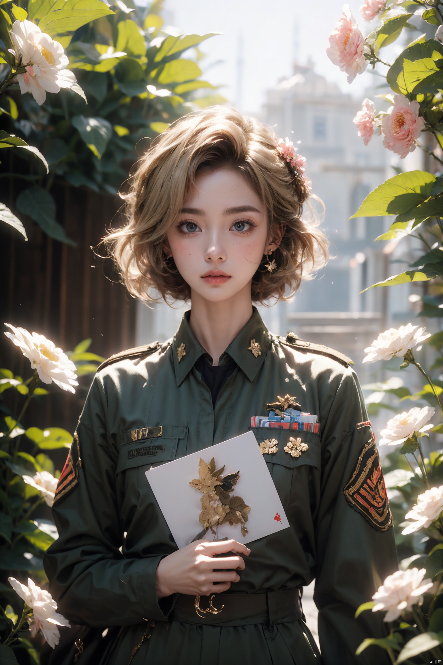  1girl, amestris_military_uniform, animal, blonde_hair, card_\(medium\), backlight, HUBG_Beauty_Girl