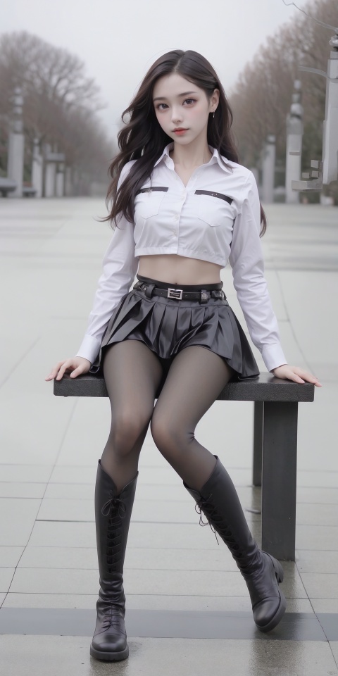  HS,1girl,solo,skirt,pantyhose,boots,long hair,black hair,black footwear,realistic,midriff,shirt,white shirt,looking at viewer,long sleeves,knee boots,blurry,brown eyes,black pantyhose,pleated skirt,outdoors,belt,
crop top,
brown hair,vest,
miniskirt,black skirt,black shirt,belt boots,(sitting:1.3), (raw photo:1.2),((photorealistic:1.4))best quality,masterpiece,illustration,an extremely delicate and beautiful,extremely detailed,CG,unity,8k wallpaper,Amazing,finely detail,masterpiece,best quality,official art,extremely detailed CG unity 8k wallpaper,absurdres,incredibly absurdres,huge filesize,ultra-detailed,highres,extremely detailed,beautiful detailed girl,cinematic lighting,1girl,pale skin,tall female,(perfect body shape),skinny body,Slender legs,, pale skin,tall man,long legs,thin leg,