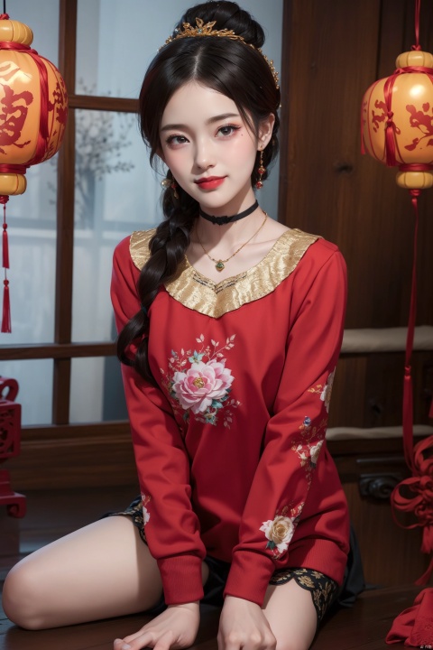  wavy hair wavy hair（（（The eyes are delicate）））,（（（hair adornments）））,choker necklace,Barbie wears sexy red and gold lace sweater,The room is filled with Chinese New Year decorations（（Grinning））（（（tmasterpiece）））, （（Best quality））, （（intricately details））, （（hyperrealisitc））（8K）,fullbody,日本