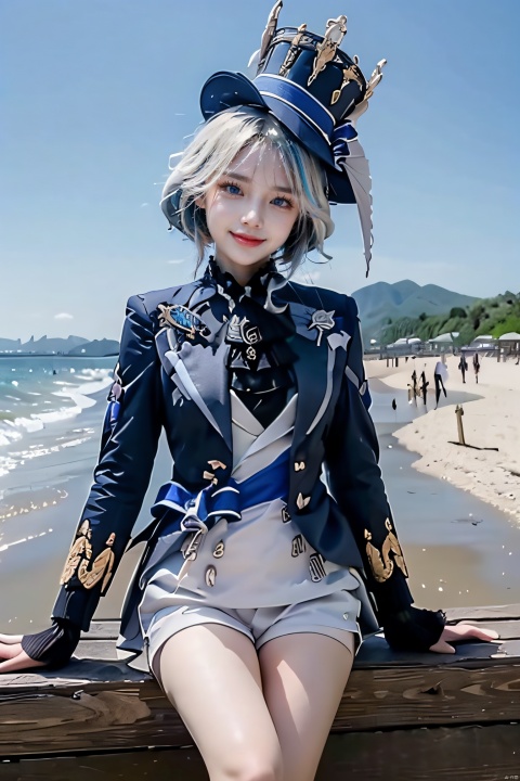  masterpiece, best quality, 1girl,hat,long hair,ahoge,multicolored hair,low ponytail,blue eyes,ascot,brooch,long sleeves, jacket,blue bow,gloves,white shorts, thigh strap,standing, smile,Sitting on the beach,