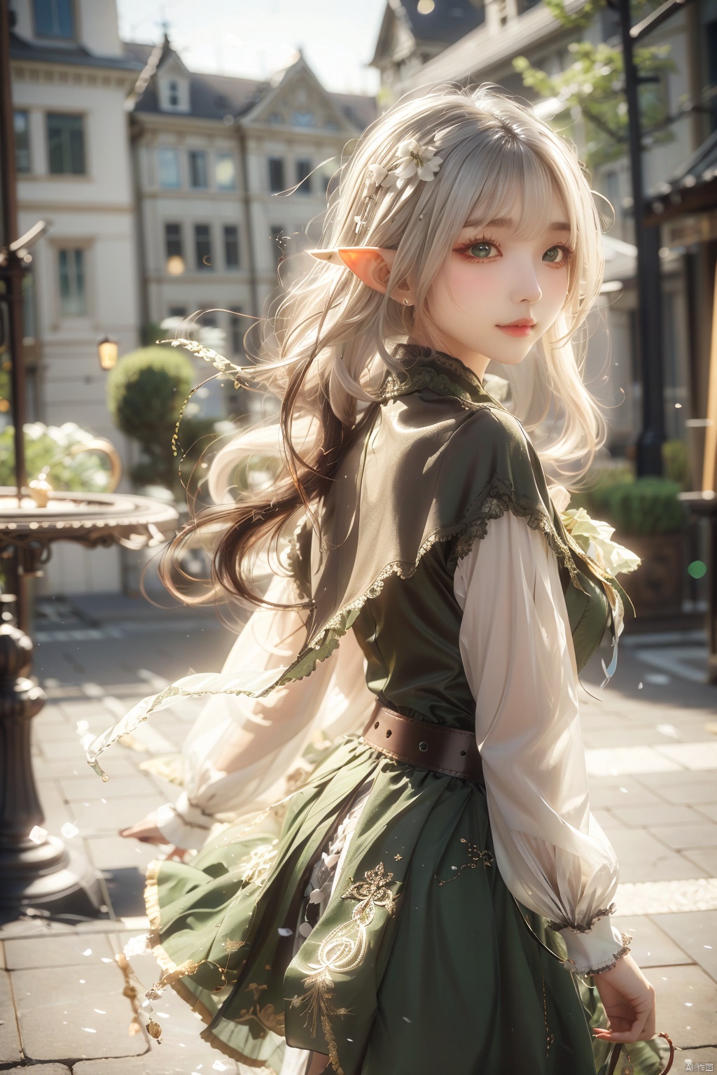  cropped background, (outside border), cropped torso,
1girl, solo, elf,
green eyes, (white hair), green gradient hair, (long hair), floating hair,
frilled shirt, capelet, long sleeves, pouch, belt, brooch,
chibi, upper body, walking, looking back, 
gothic architecture, street, pavement,
(depth of field), jiqing, (\shen ming shao nv\), (\meng ze\)