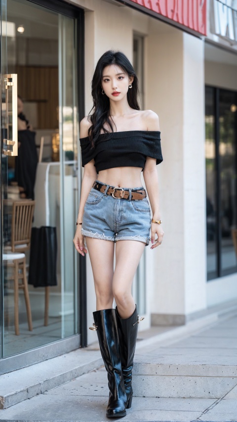  1girl, solo, navel, midriff, belt, pants, boots, looking at viewer, full body, jewelry, standing, earrings, multicolored hair, off shoulder, black hair, nail polish, crop top, black footwear, fishnets, bare shoulders, shorts,sit,