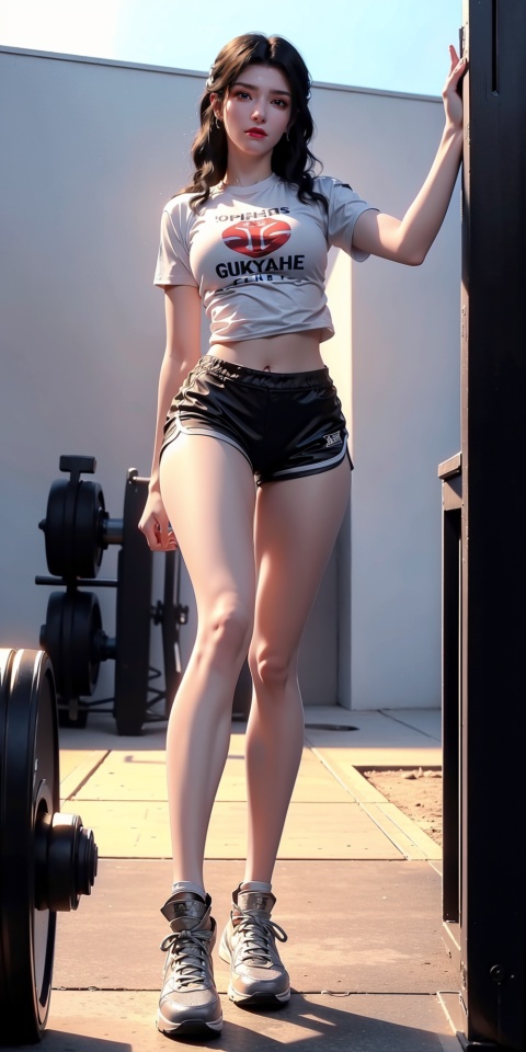 High quality, ultra high definition, surreal, highest resolution, (16k pixels) (bright tone), female, fitness coach, (front full body portrait) (daily selfie movements), (silver curly hair), mid chest, long legs, tall, perfect figure, (fitness T-shirt, black shorts) sports shoes, (gym), (fitness equipment), (various movements)