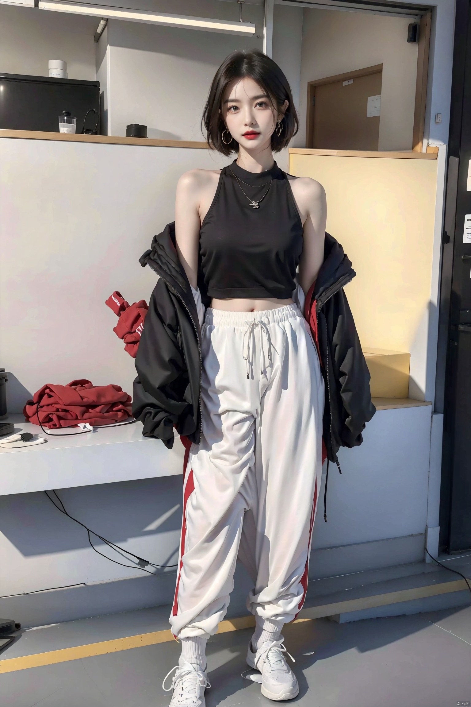  1girl,30years old,Short hair, standing,round face, white wool clothing, black down jacket, black sweatpants, sneakers white, hoop earrings,