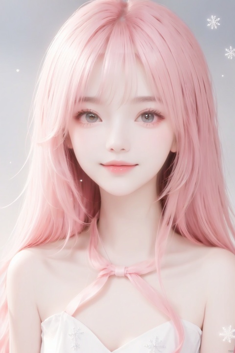  ((highest quality, master works, ultra-fine section, light and shadow tracking, ultra-high resolution)) a girl,bow smile,simple background,gradient background,snowflakes,particle light,real light and shadow,pink hair,happy,shy,blush,bright scene,colorful details,