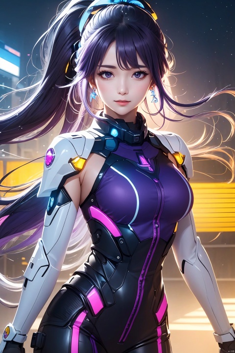  1girl,jewelry,Purple long hair, tight fitting clothing,science fiction,starry sky,wind blown hair,A ponytail, a headdress,neon,science fiction,night