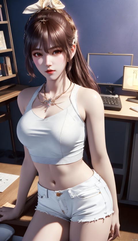  1girl, solo, masterpiece, E-sports table, Computer room, (best quality), official art, extremely detailed cg 8k wallpaper, (extremely delicate and beautiful), solo, realistic, photo_\(medium\), , hiqcgbody, , ,white T-Shirt,short jeans, bare thigh,youyou,yunxi