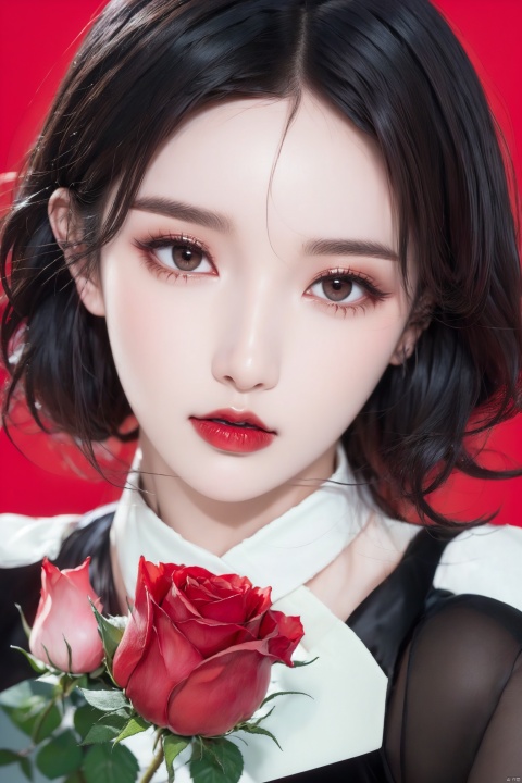  Main clip, Close up portrait, Close up, 1 girl, red background,((black hair)),((smooth hair)),(front face), dress made with red roses, emotional face, Close up, studio light, studio,(makeup portrait, black eyes, red eye shadow)),((many red roses covering her face)), jy, 1girl, MAJICMIX STYLE