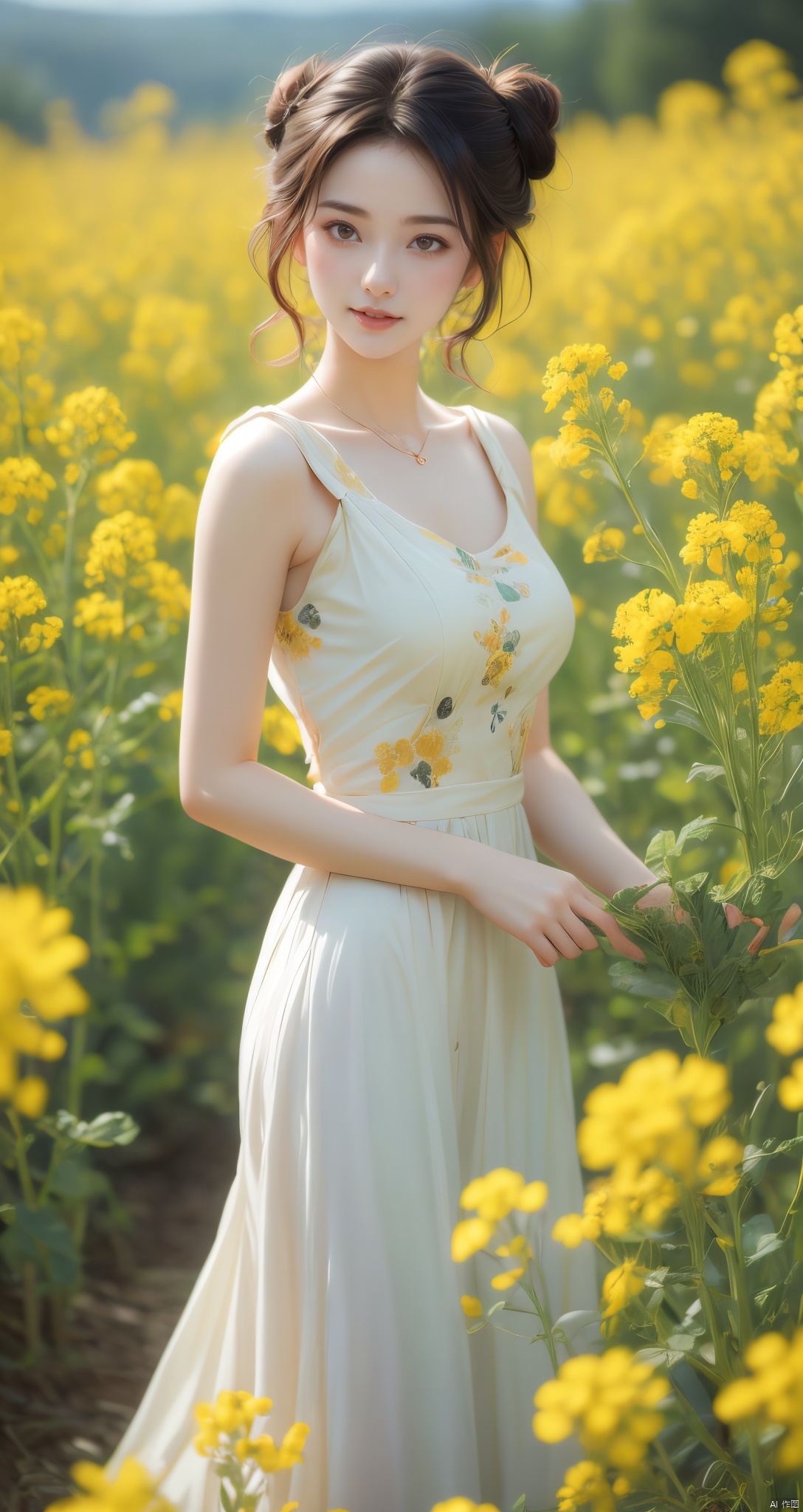  A sexy beauty with a bun, half-body portrait, standing in a sea of rapeseed flowers, charming eyes, sweet smile, surrounded by blooming yellow rapeseed flowers, forming a beautiful picture, high quality picture, full HD picture, 8K resolution, photorealistic, intricate details, sharp focus, vibrant colors, trending on ArtStation, trending on CGSociety, by Greg Rutkowski, Midjourney, Jeremy Mann, Antonio Moro, Ed Blinkey, Atey Ghailan, Studio Ghibli, heart professional majestic oil painting, popular on DeviantArt, concept art, artwork., lvshui-green dress, Light master, (\meng ze\)