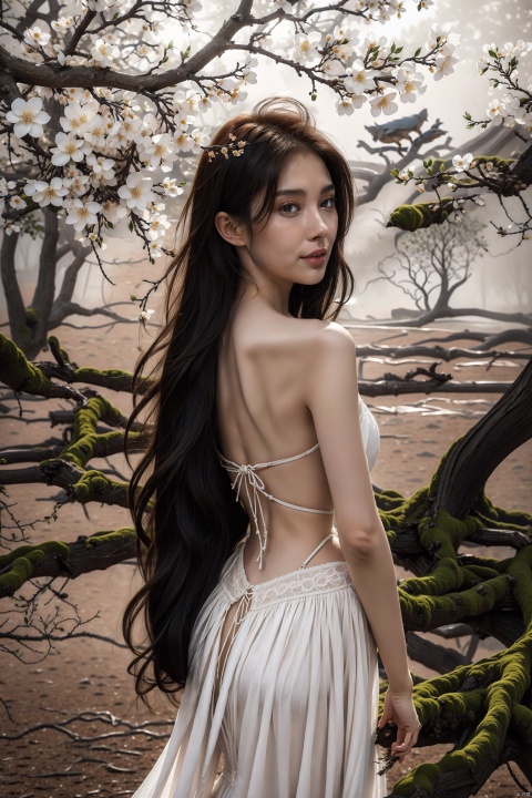  1girl,,This picture depicts a surrealistic image of a woman blending with natural elements. A woman stands in a desolate scene,her back and hair gradually turning into branches and twigs of a tree. A few flowers bloomed on the branch,as if she were a tree growing flowers. She was wearing a flowing white long skirt,with the hem spread out on the ground,interweaving with the lines of the tree roots. This woman's posture is sideways facing backwards,facing the mist in the distance,as if she is gazing or contemplating. The color contrast,light and shadow processing,and theme conception in this picture are all very captivating,creating a feeling of combining fantasy and reality. Overall,images convey an artistic concept that combines natural and human forms,full of symbolic meaning and inner emotional expression.,smile, HUBG_Rococo_Style(loanword), HUBG_Elegant_Girl