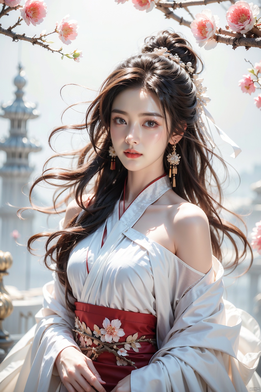  best quality, masterpiece,cowboy_shot,(Good structure),,a girl,xianjing,Off-the-shoulder, bust photo,upper body,Hanfu, Cloud, Smoke,branch,flower, smile,Gaze at the audience, Ink scattering_Chinese style, ((poakl)), ,looking_at_viewer,kind smile, , chinese dress,white dress, liuyifei,long_hair