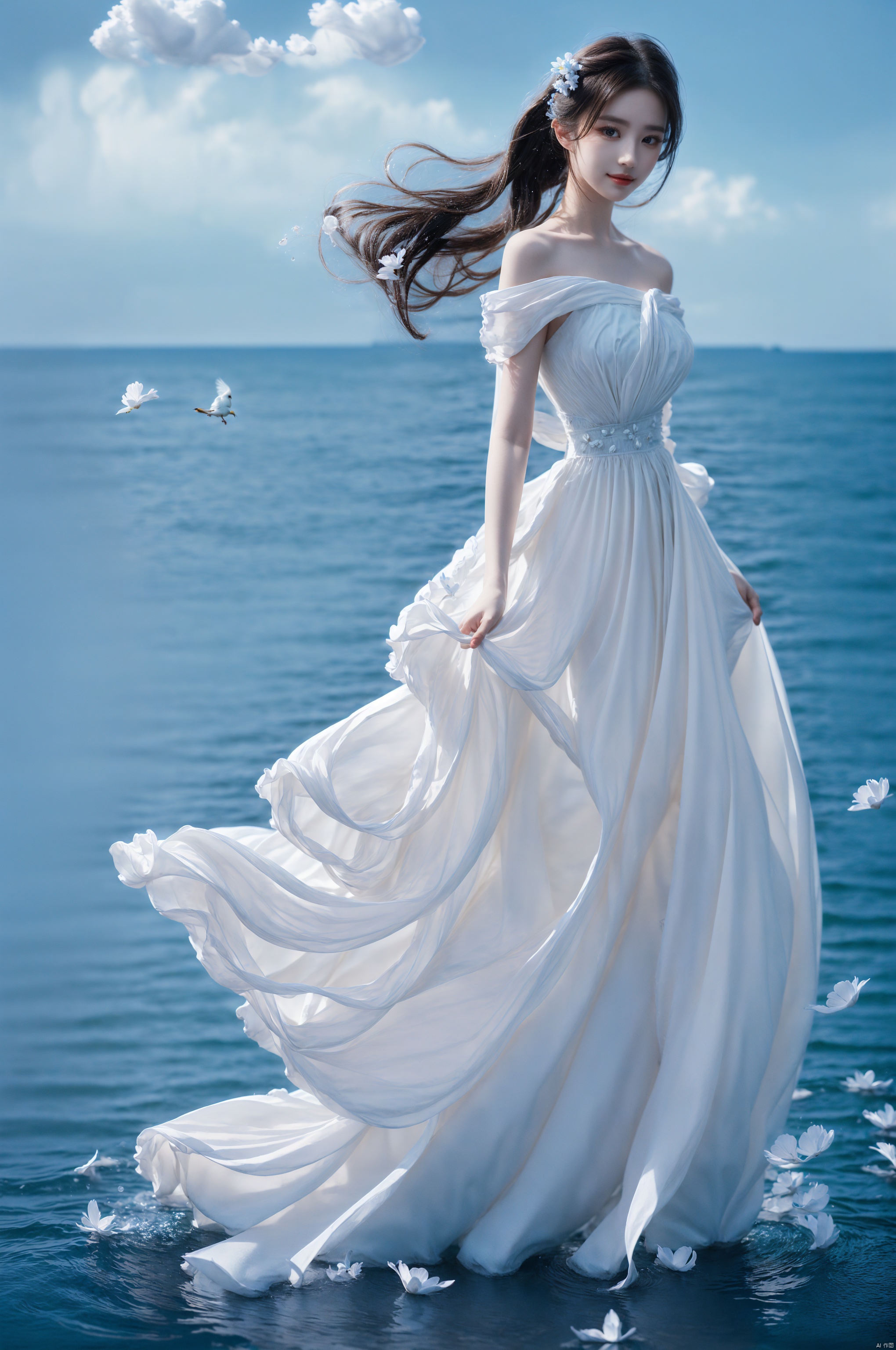  full body, depth of field, (1girl:1.2), , very long hair, low twintails, yellow eyes, light smile, looking at viewer, white shirt, white skirt, (flying white chiffon:1.5), bare shoulder, (flying blue petals:1.2), (standing above water surface), sky background, (cloud:1.2), white bird, floating water drops, (white border:1.2) , 
backlight, liuyifei