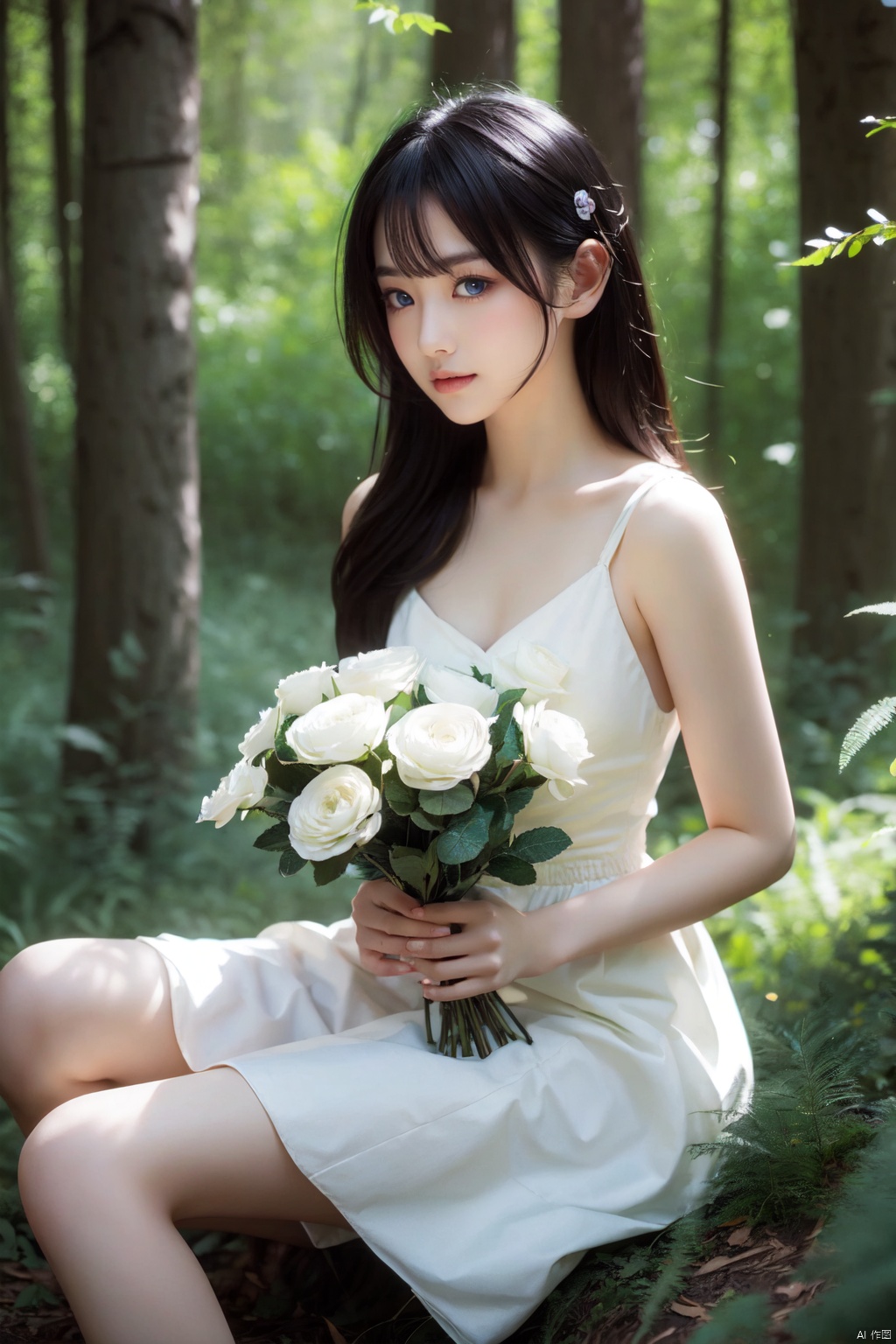  masterpiece,best quality,ï¼ 1girl, sitting on grass, flowers, holding flowers, warm lighting, white dress, blurry foreground, (forest:1.5)